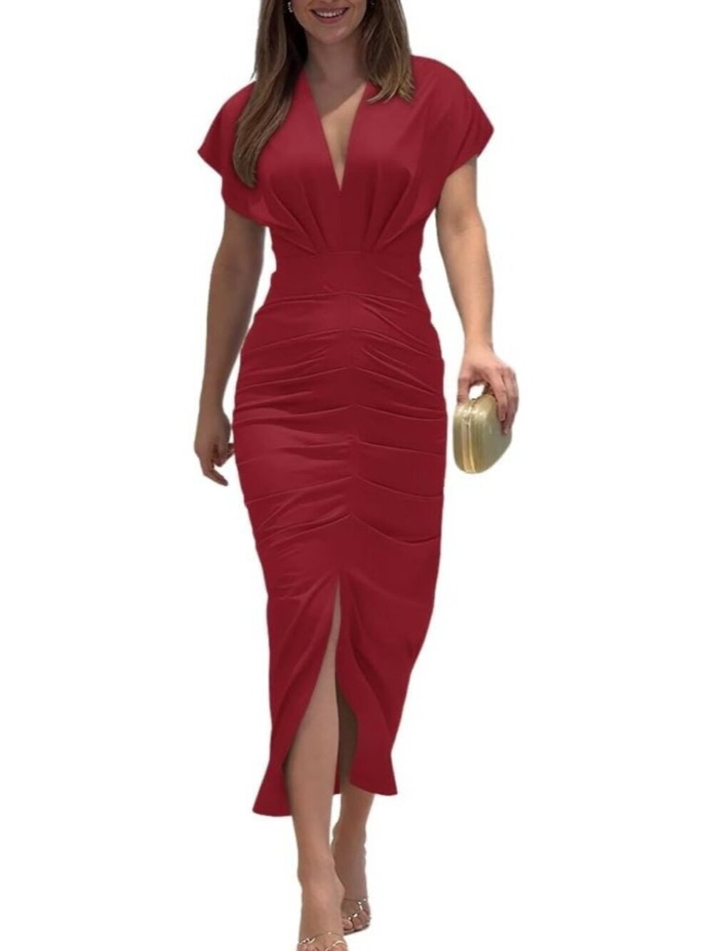 Women's Red Polyester Elastane Floral Print V Neck Slit Bodycon Midi Dress